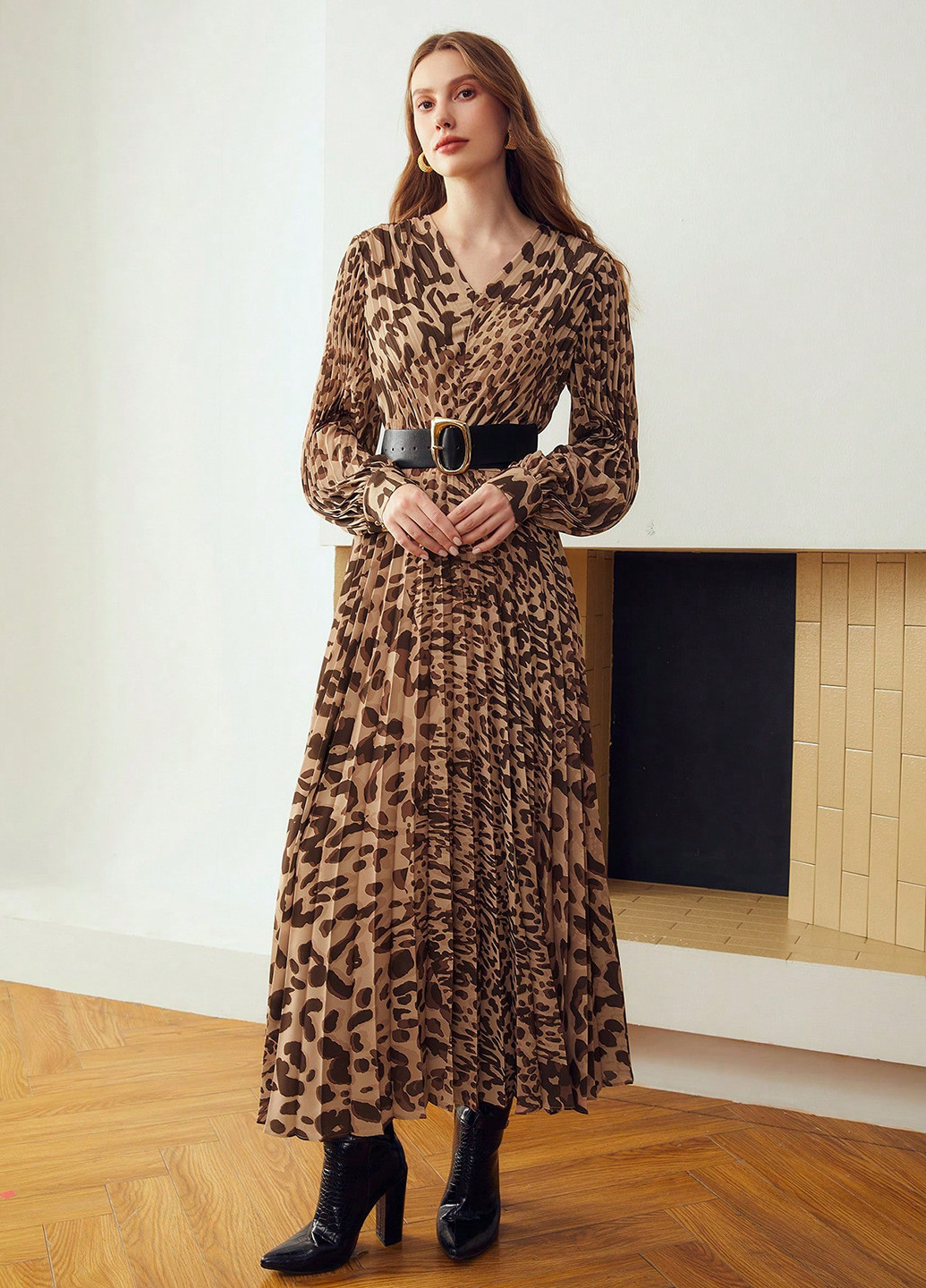 Комбинированное кэжуал платье плиссированное SHEIN леопардовый