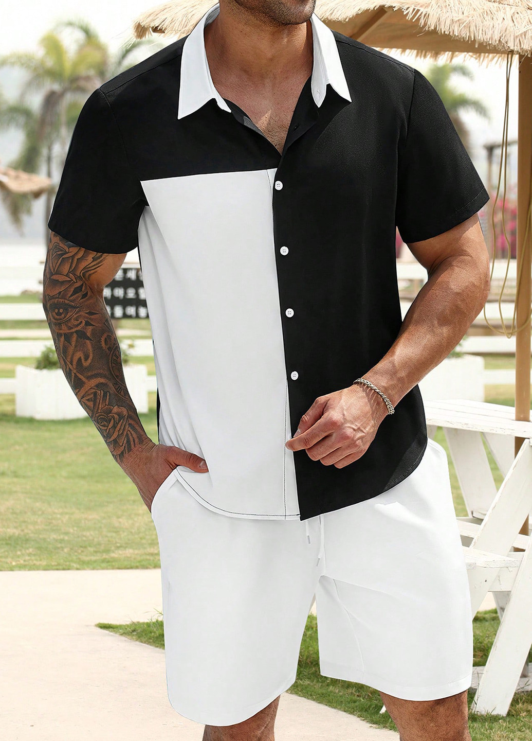 Чорно-білий літній костюм (сорочка, шорти) з шортами, з сорочкою SHEIN