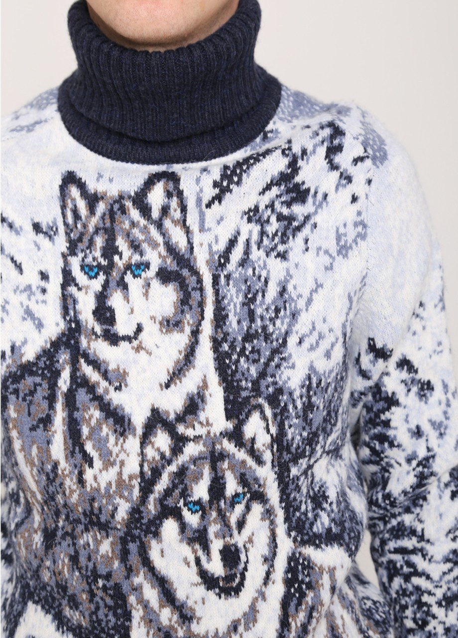 Синий зимний свитер мужской зимний синее горло с волками Pulltonic Прямой