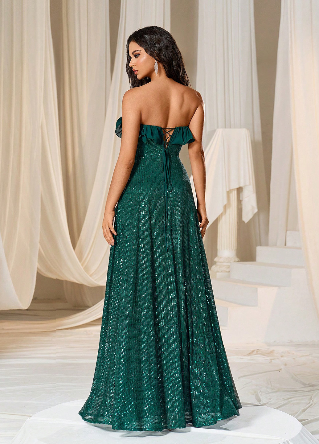 Темно-зелена святковий, вечірня сукня з відкритими плечима, з відкритою спиною SHEIN однотонна
