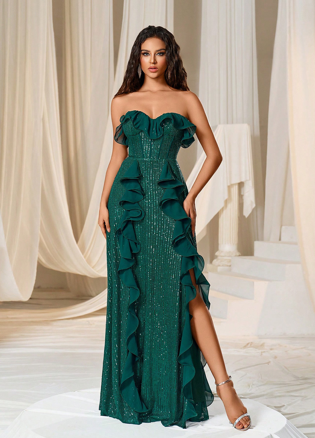 Темно-зелена святковий, вечірня сукня з відкритими плечима, з відкритою спиною SHEIN однотонна