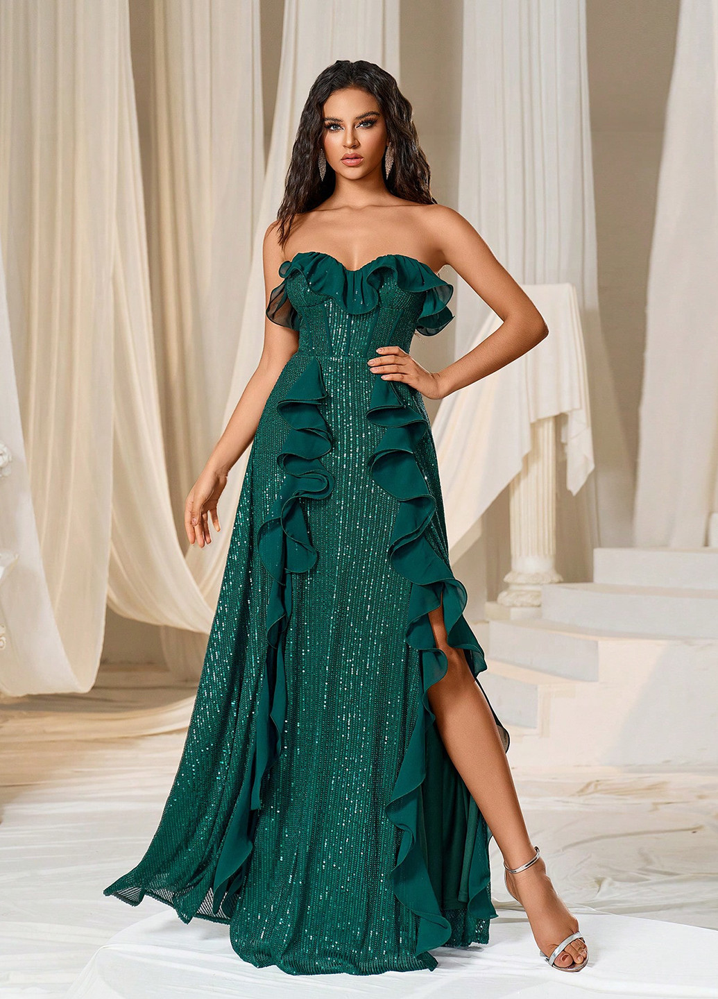 Темно-зелена святковий, вечірня сукня з відкритими плечима, з відкритою спиною SHEIN однотонна