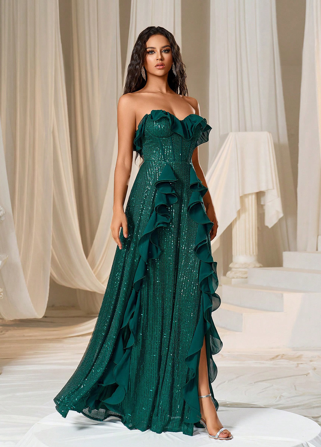 Темно-зелена святковий, вечірня сукня з відкритими плечима, з відкритою спиною SHEIN однотонна