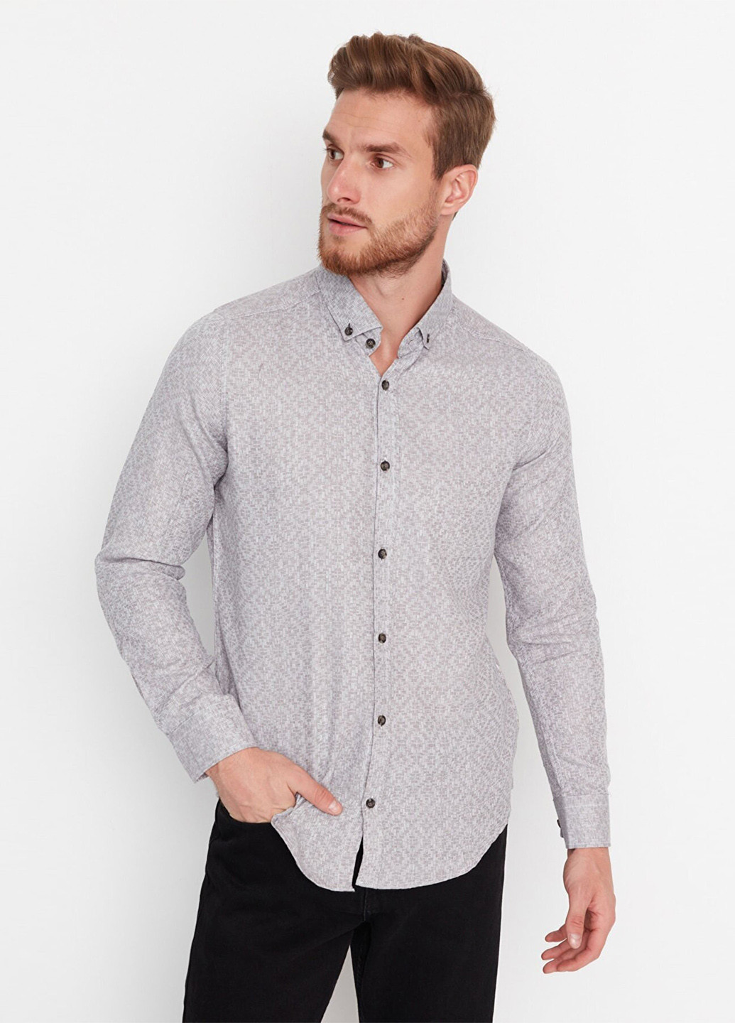 Светло-серая кэжуал рубашка с геометрическим узором Trendyol