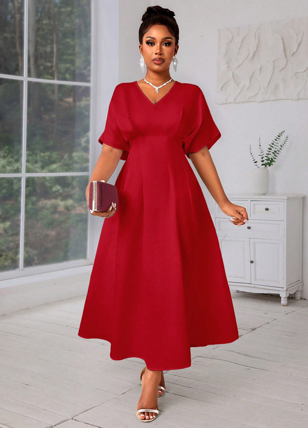 Красное вечернее платье с юбкой-солнце SHEIN однотонное