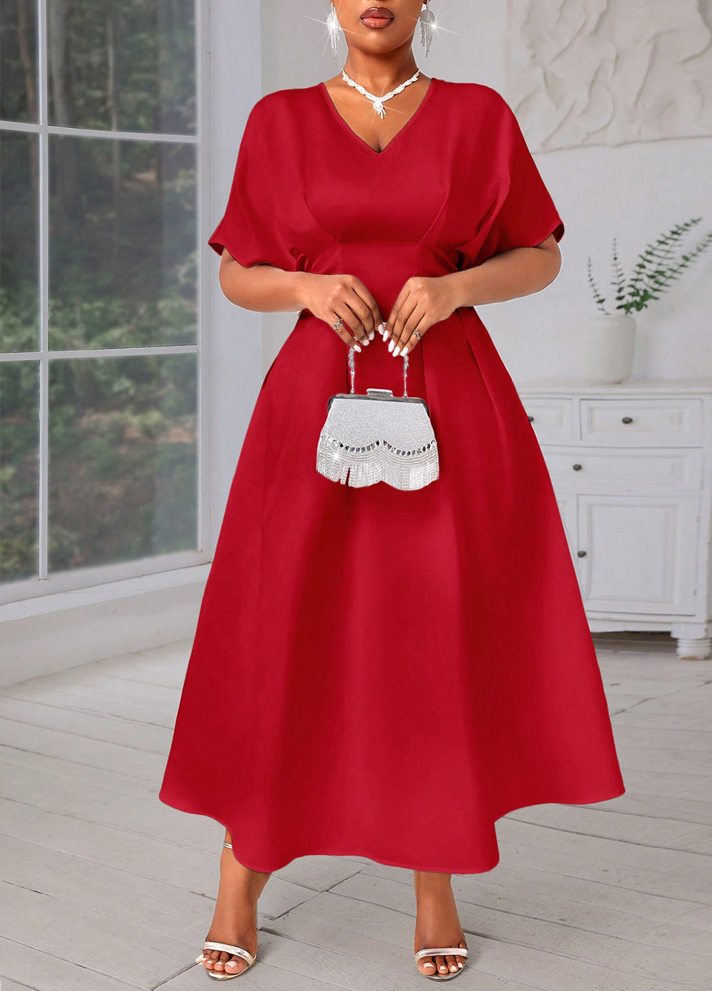 Красное вечернее платье с юбкой-солнце SHEIN однотонное