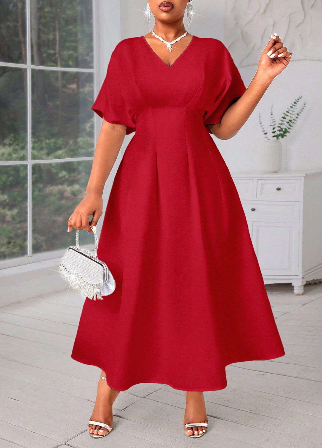 Красное вечернее платье с юбкой-солнце SHEIN однотонное