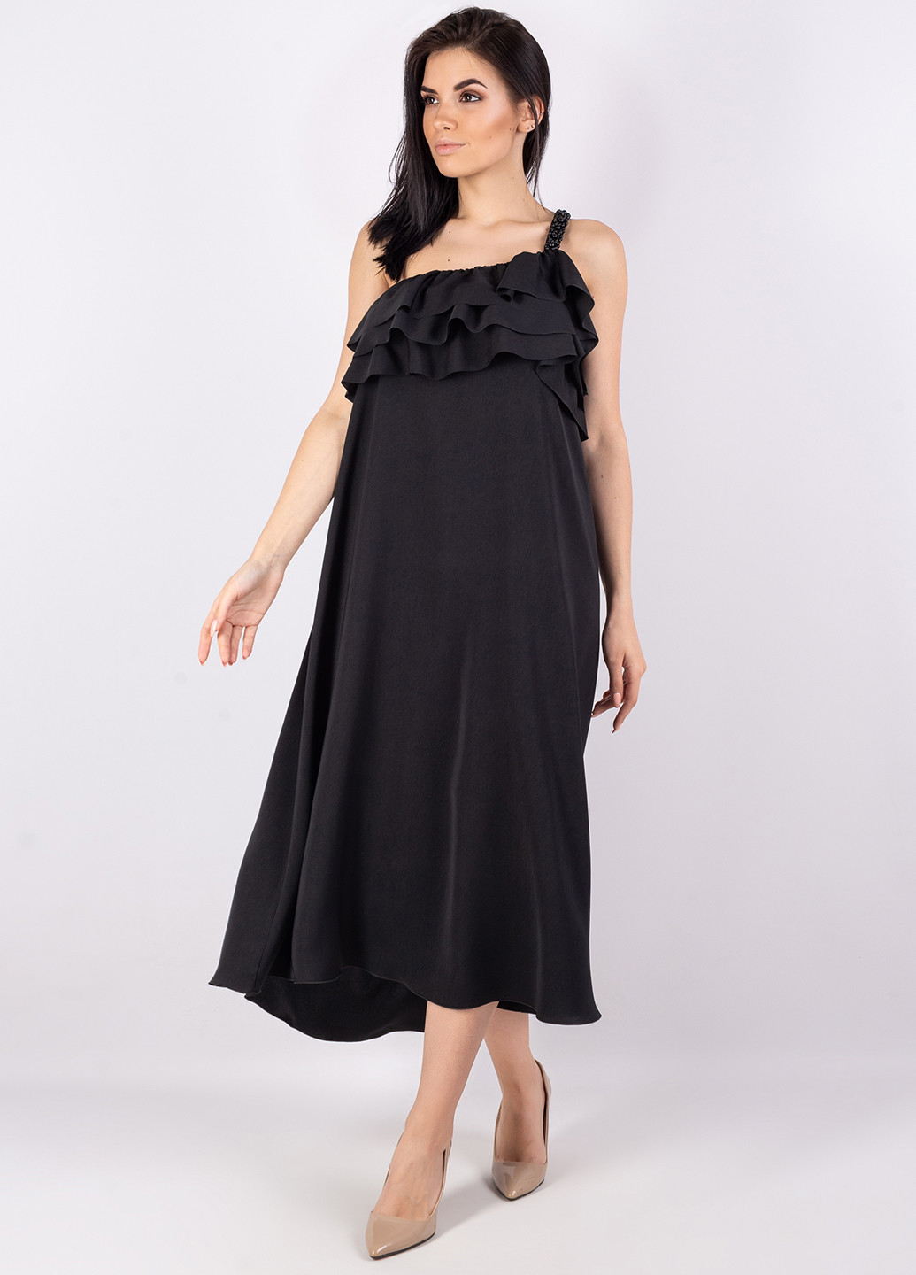Черное коктейльное платье с открытыми плечами Seam однотонное