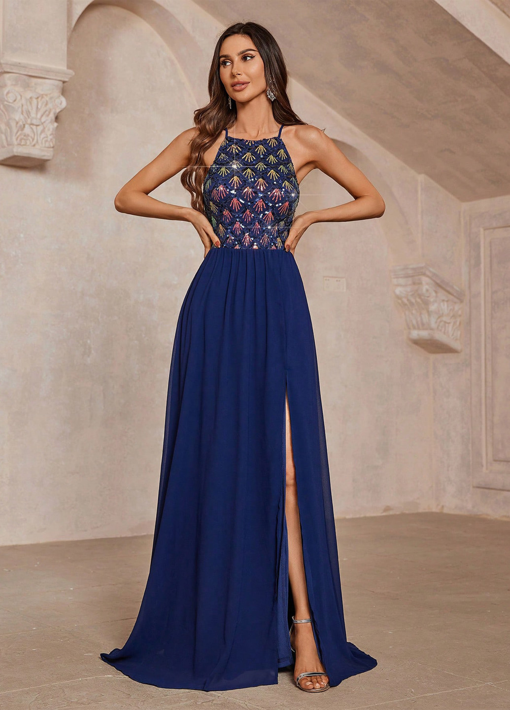 Темно-синее вечернее платье с открытой спиной, клеш SHEIN однотонное