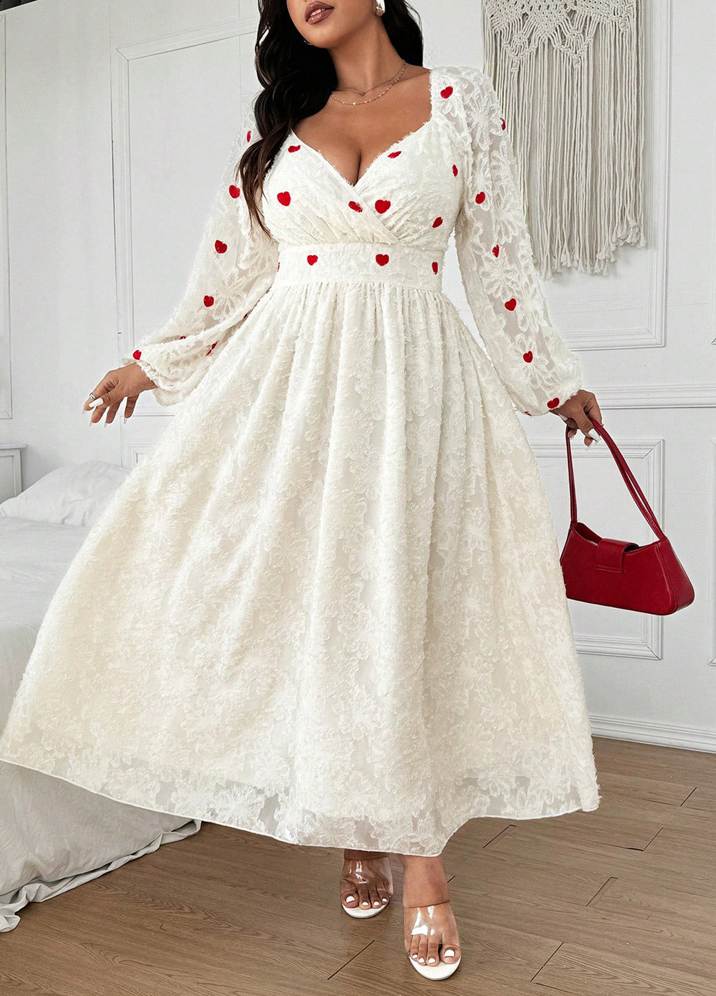 Кремовое праздничный платье в стиле ампир SHEIN сердечки