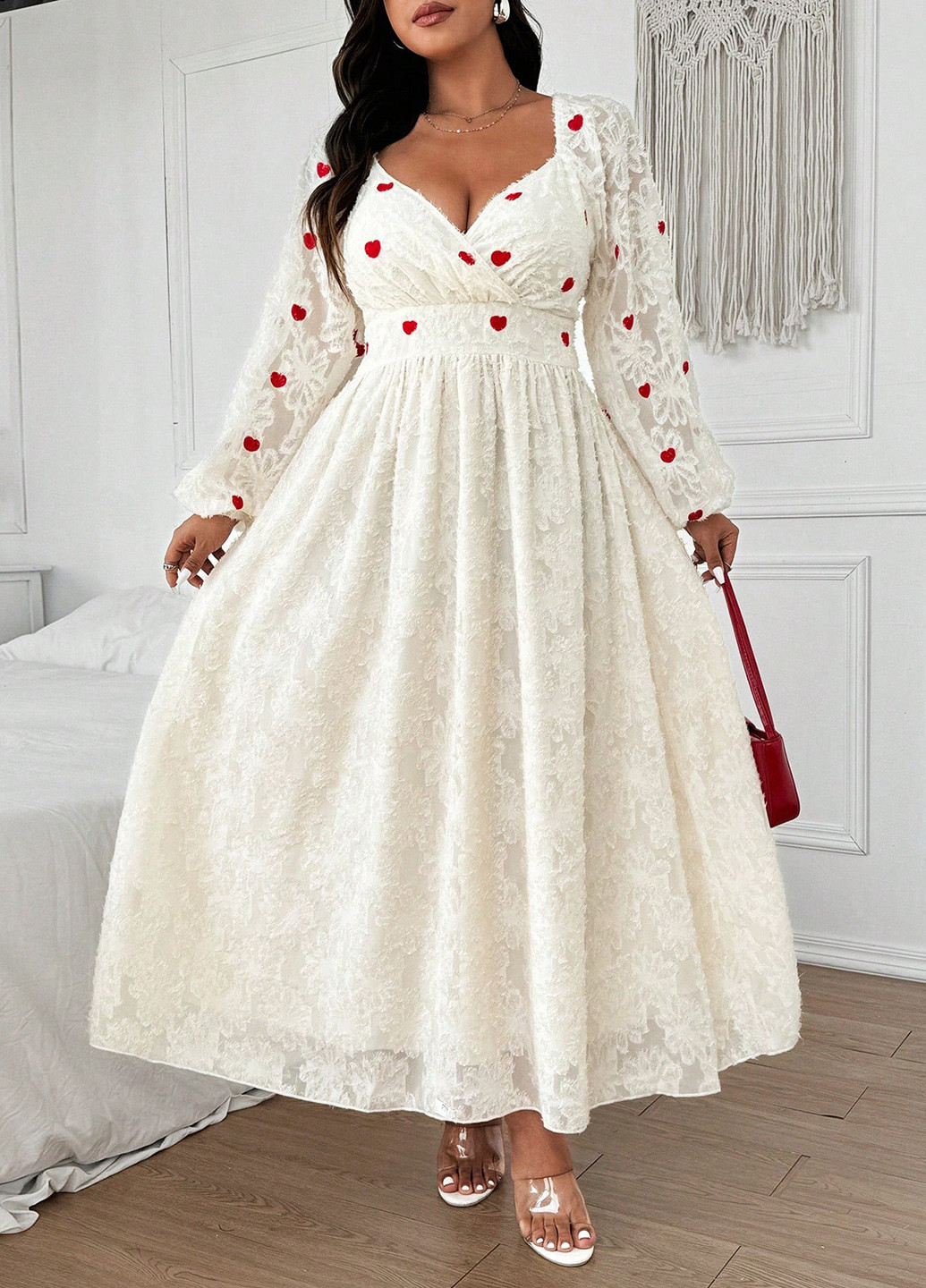 Кремовое праздничный платье в стиле ампир SHEIN сердечки