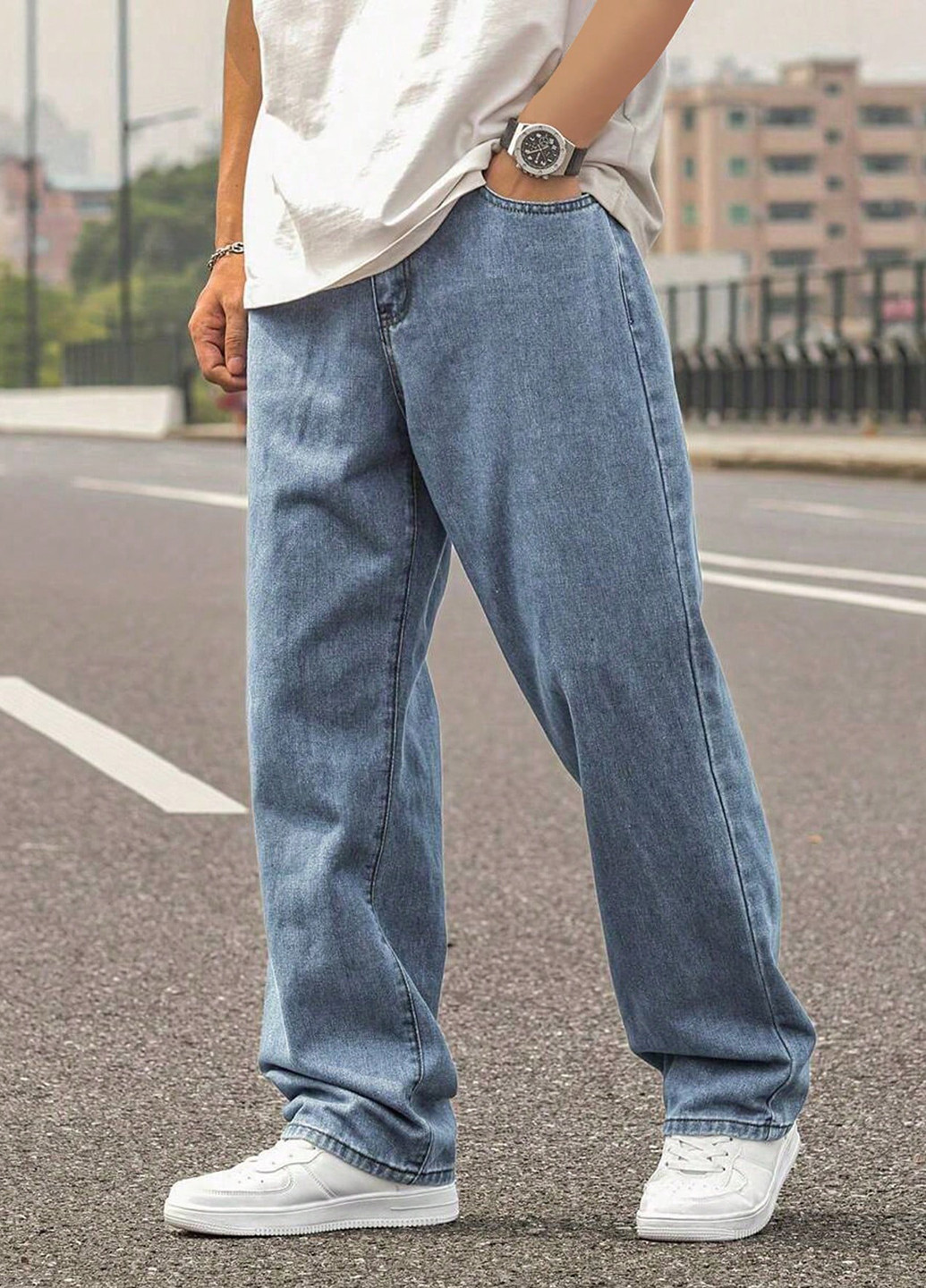 Синие демисезонные свободные джинсы SHEIN