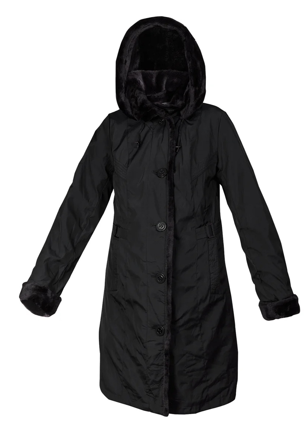 Черное зимнее Пальто длинное с эко-мехом мутоном с капюшоном City Classic