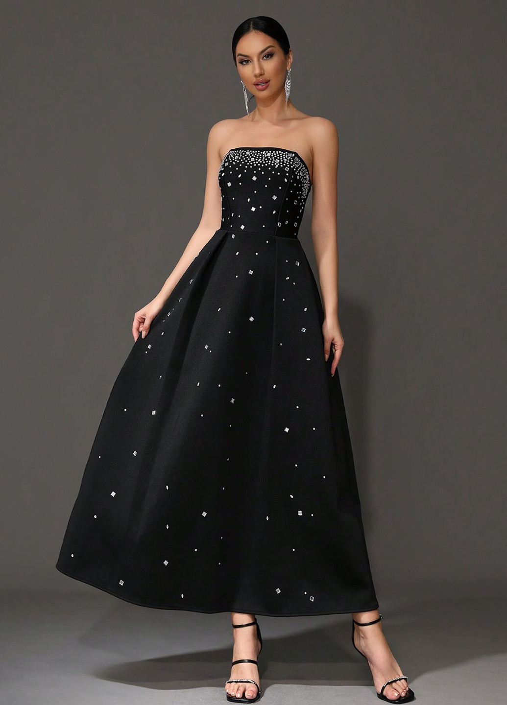 Черное вечернее платье бандо SHEIN однотонное