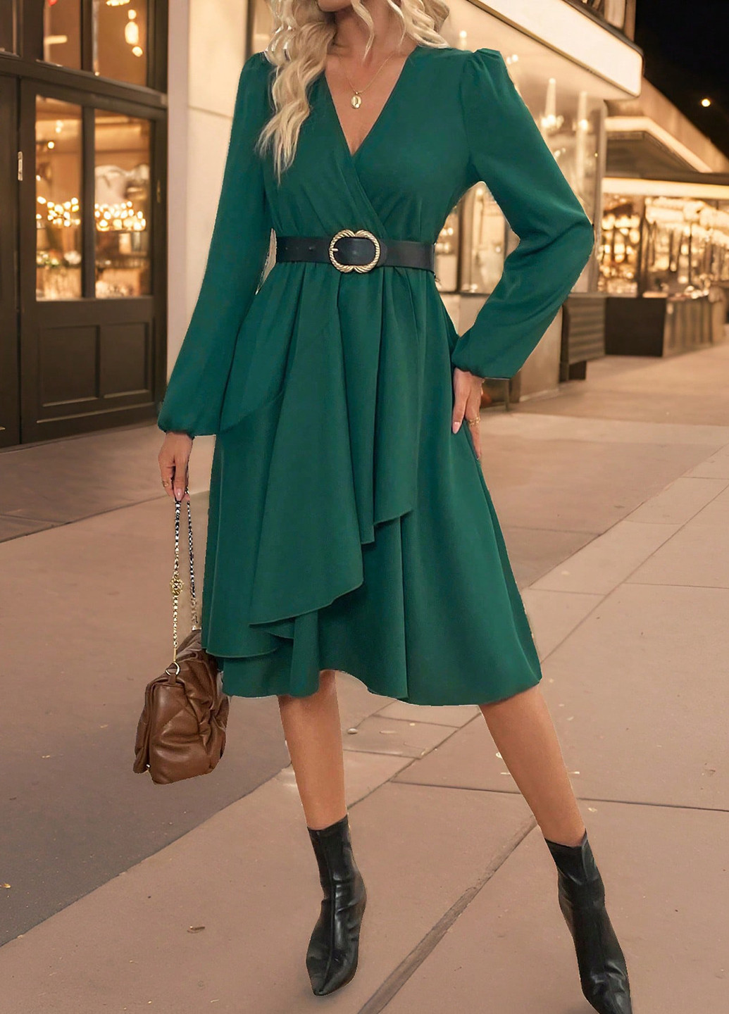 Темно-зеленое кэжуал платье клеш, на запах SHEIN однотонное