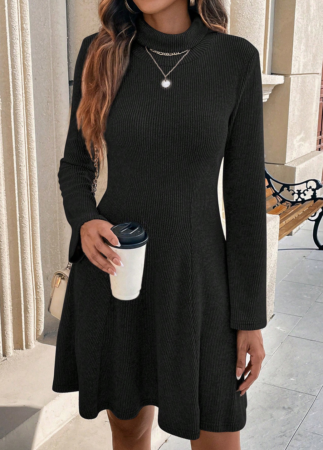 Черное кэжуал платье платье-водолазка SHEIN однотонное