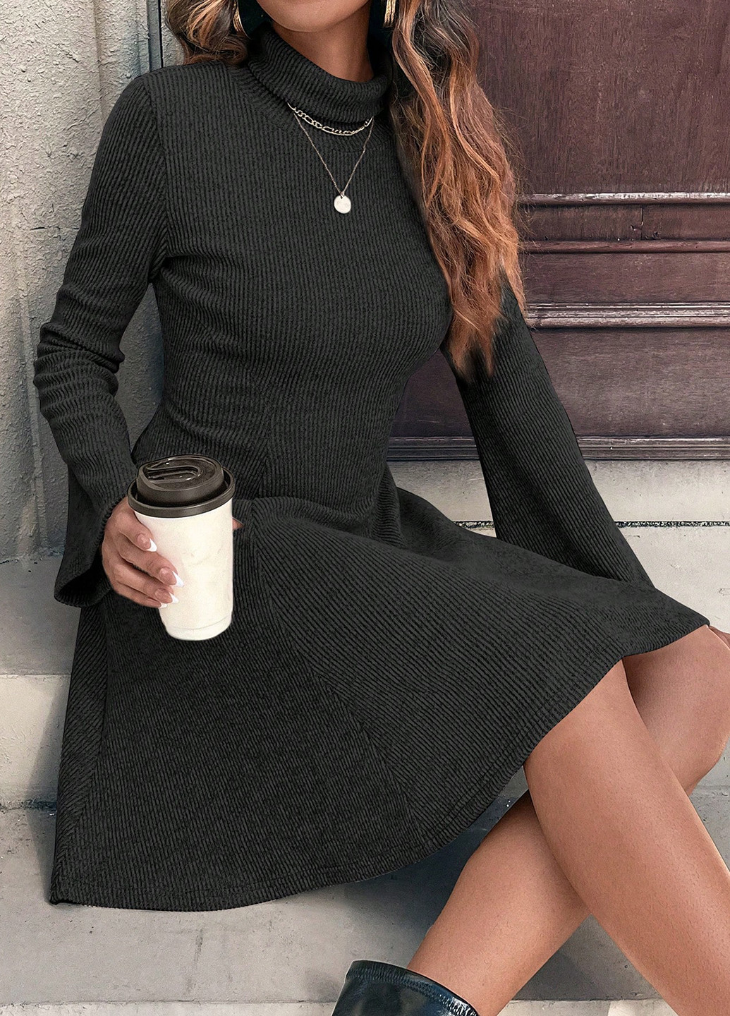 Черное кэжуал платье платье-водолазка SHEIN однотонное