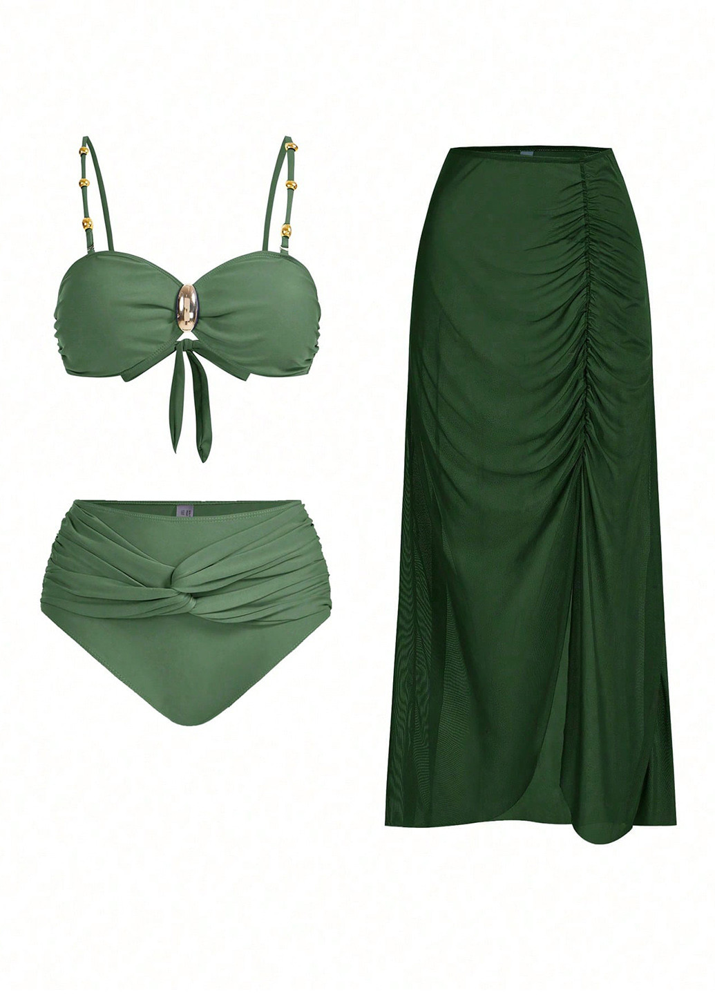 Зеленый летний комплект (лиф, трусики, юбка) раздельный, бандо SHEIN