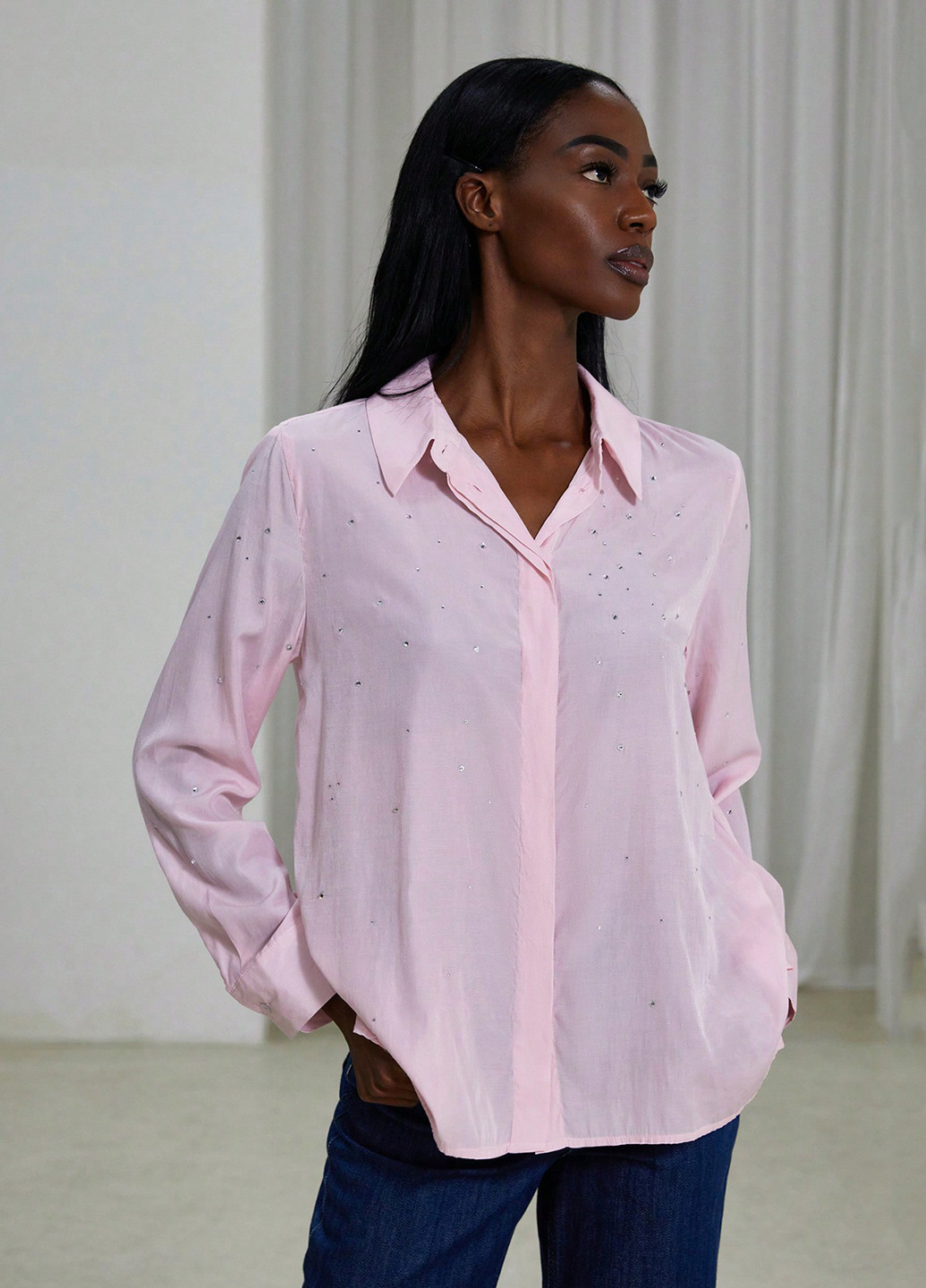 Светло-розовая праздничный, кэжуал рубашка однотонная SHEIN