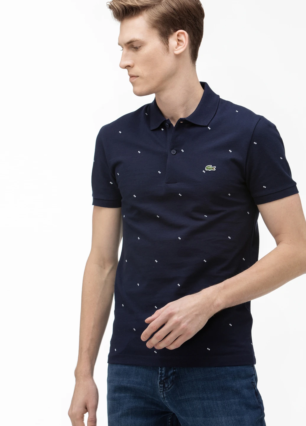 Темно-синяя футболка-поло для мужчин Lacoste с геометрическим узором