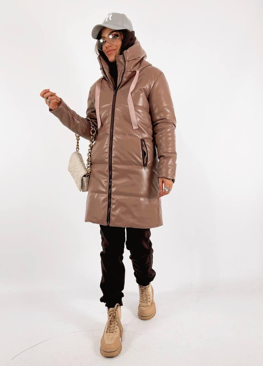 Коричнева жіночий зимовий пуховик екошкіра xs-s м-l xl-2xl (42-44 46-48 50-52) тепла куртка мокко No Brand