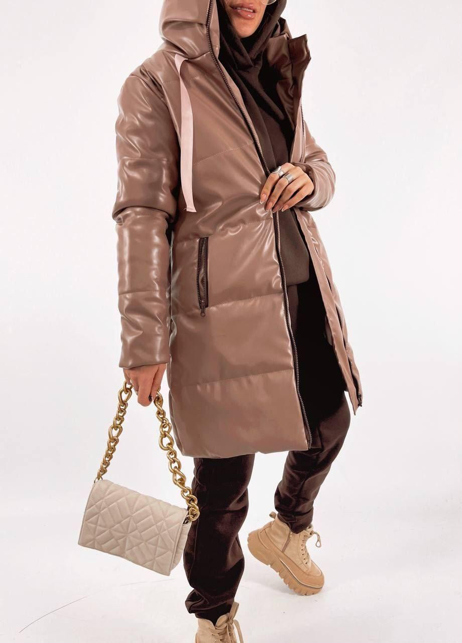 Коричневая женский зимний пуховик экокожа xs-s м-l xl-2xl (42-44 46-48 50-52) теплая куртка мокко No Brand