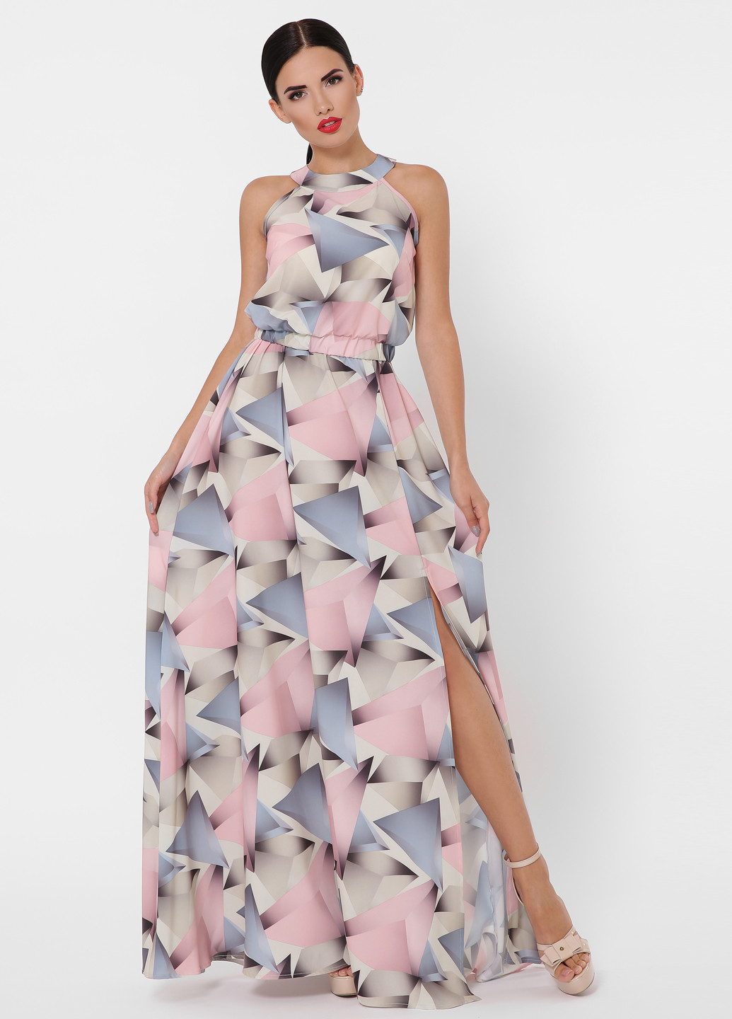 Светло-розовое кэжуал платье с открытыми плечами Fashion Up с абстрактным узором
