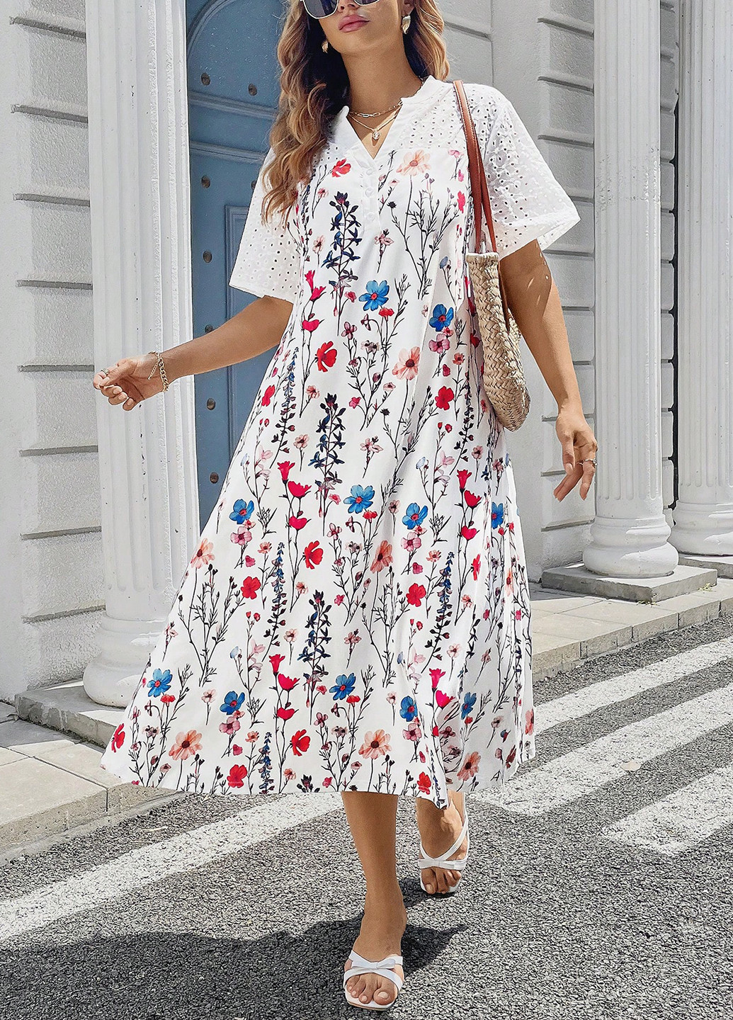 Белое кэжуал платье а-силуэт SHEIN с цветочным принтом