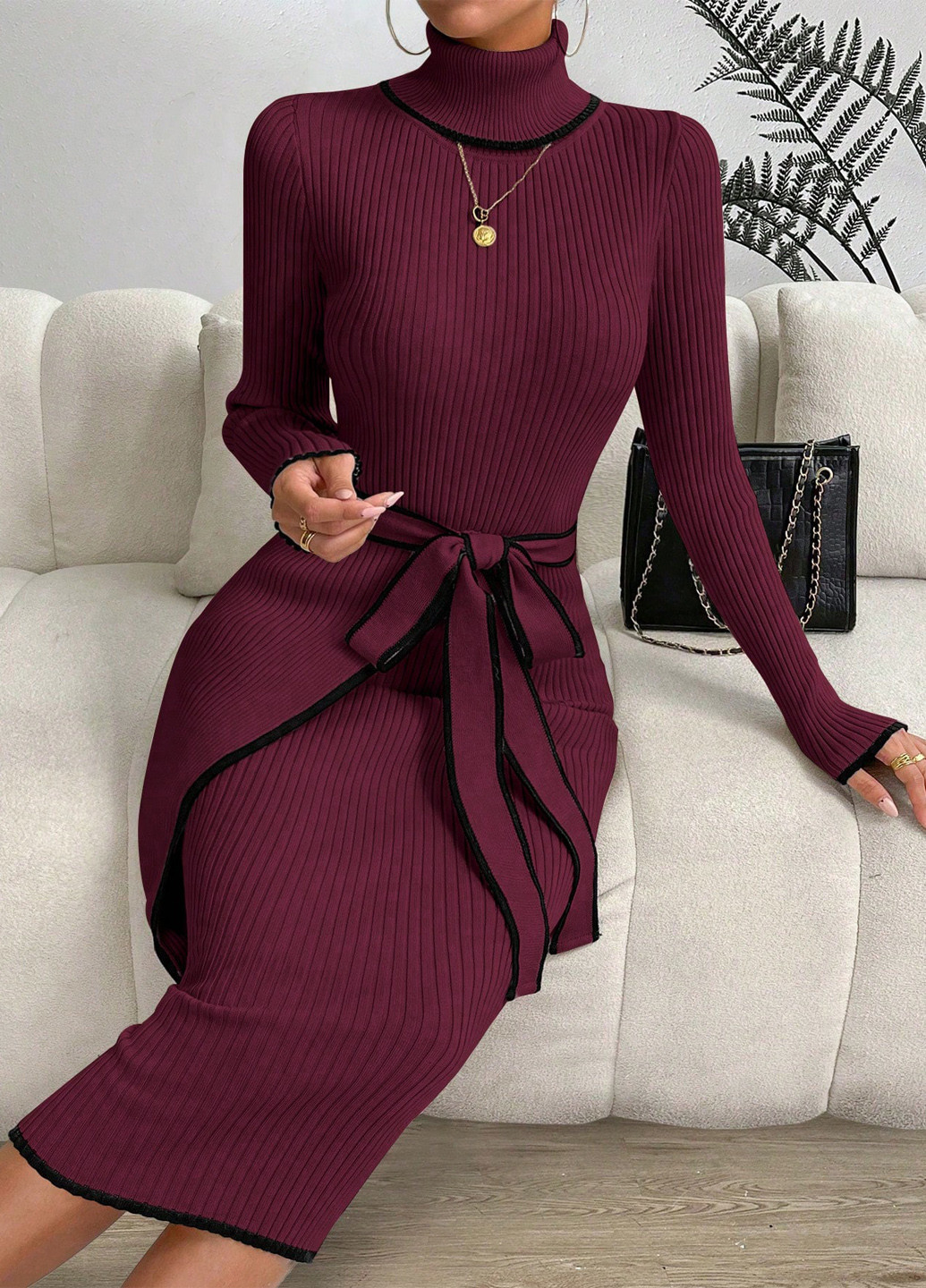 Бордова кежуал сукня на запах, сукня светр SHEIN однотонна