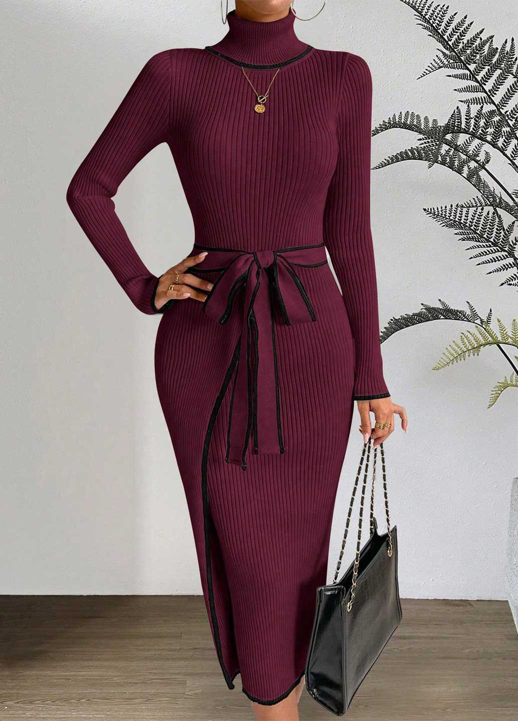 Бордова кежуал сукня на запах, сукня светр SHEIN однотонна