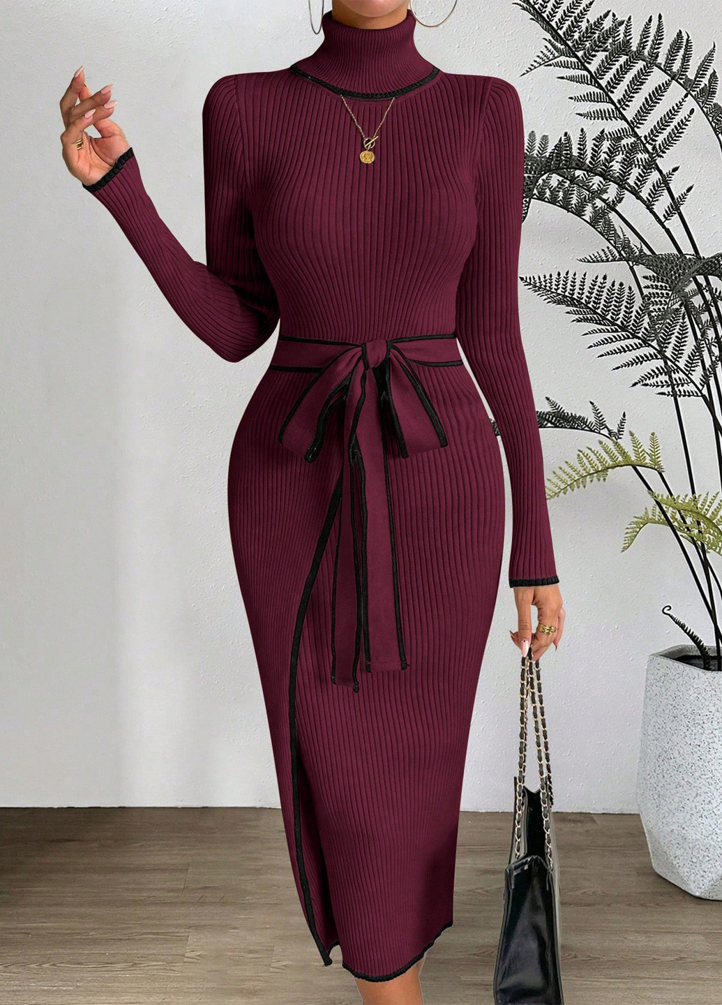 Бордова кежуал сукня на запах, сукня светр SHEIN однотонна