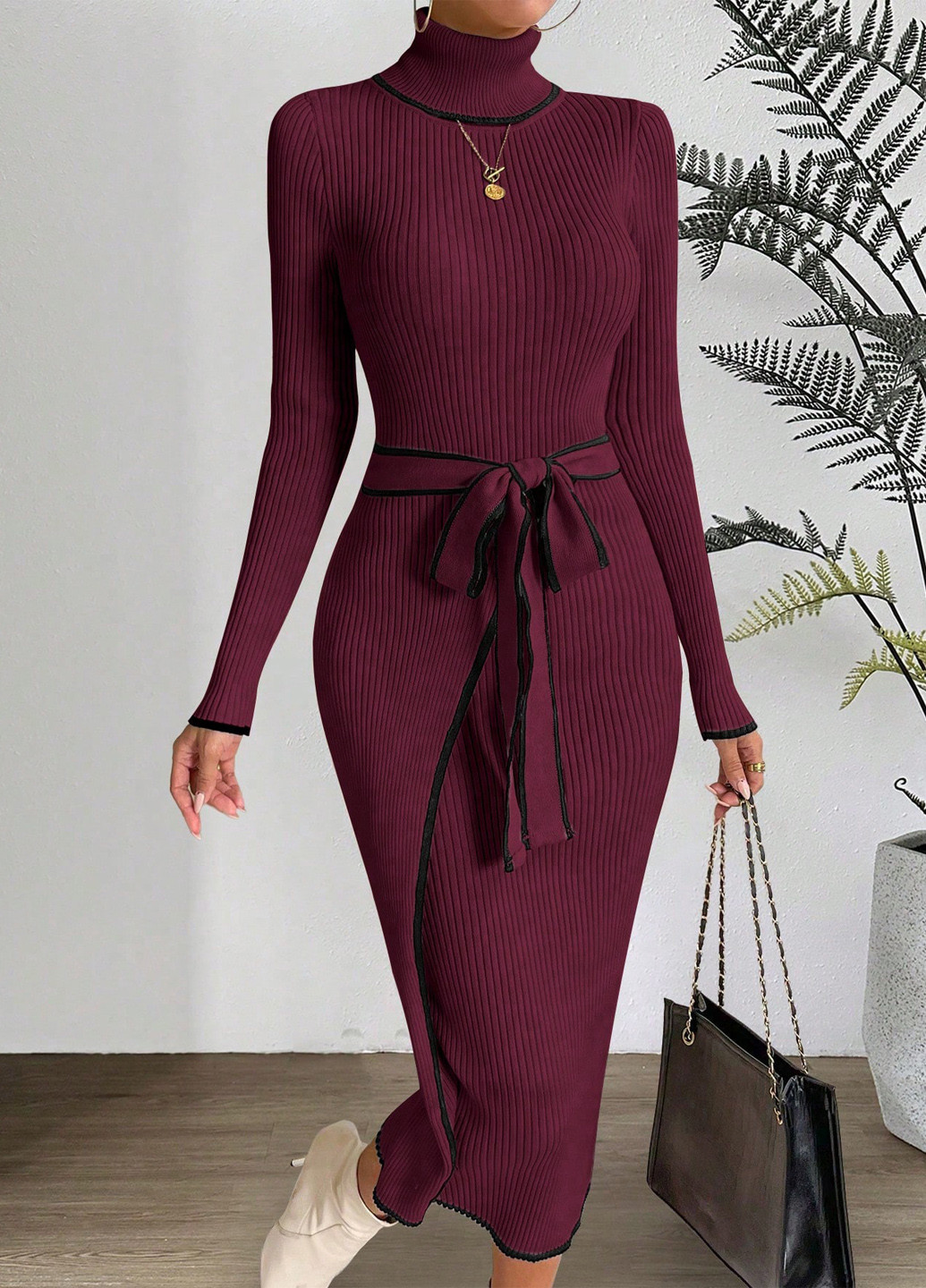 Бордова кежуал сукня на запах, сукня светр SHEIN однотонна