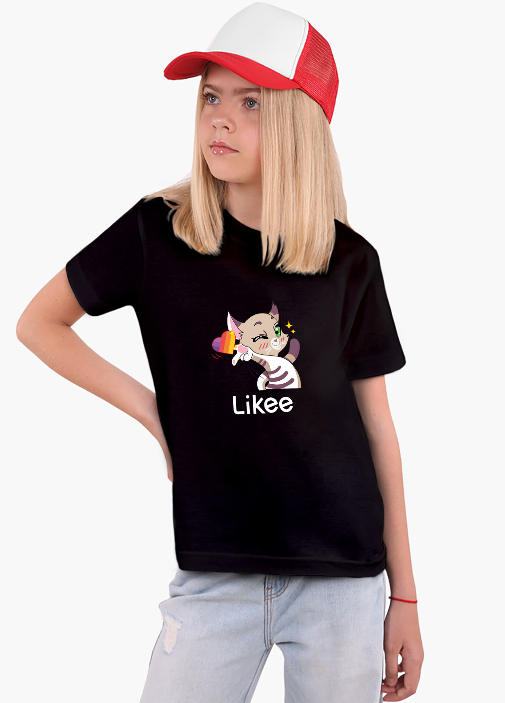 Черная демисезонная футболка детская лайк котик (likee cat)(9224-1032) MobiPrint