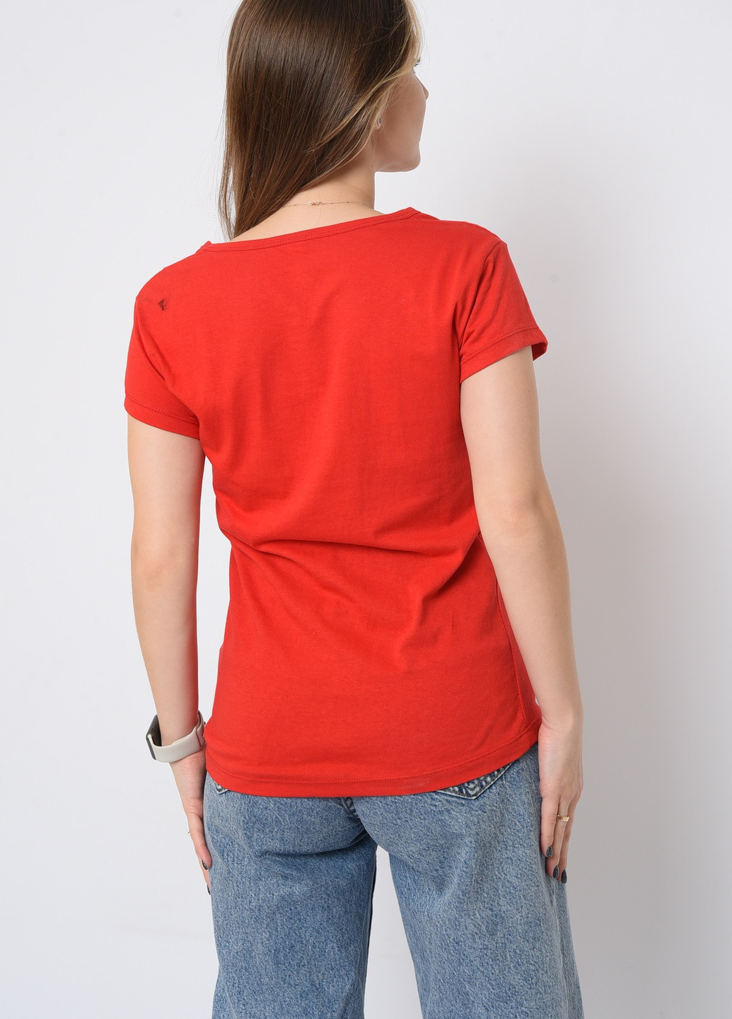 Червона літня футболка жіноча червона з малюнком Let's Shop