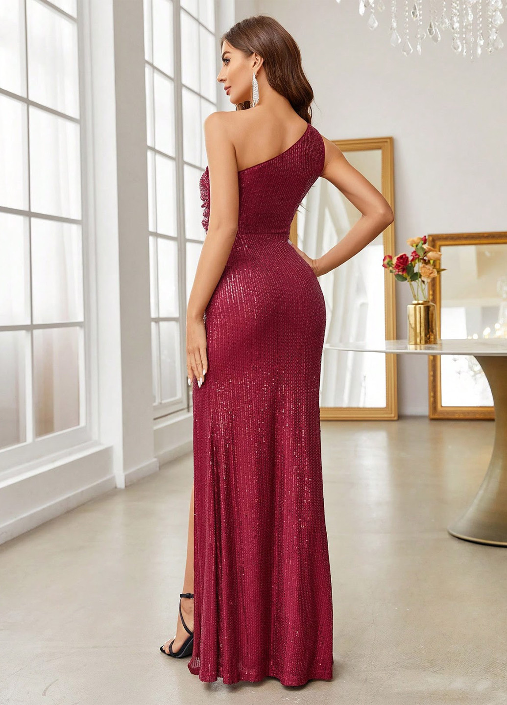 Вишневое вечернее платье годе, на одно плечо SHEIN однотонное