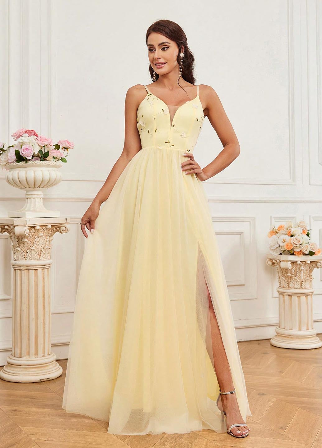 Светло-желтое праздничный, вечернее платье в стиле ампир SHEIN однотонное