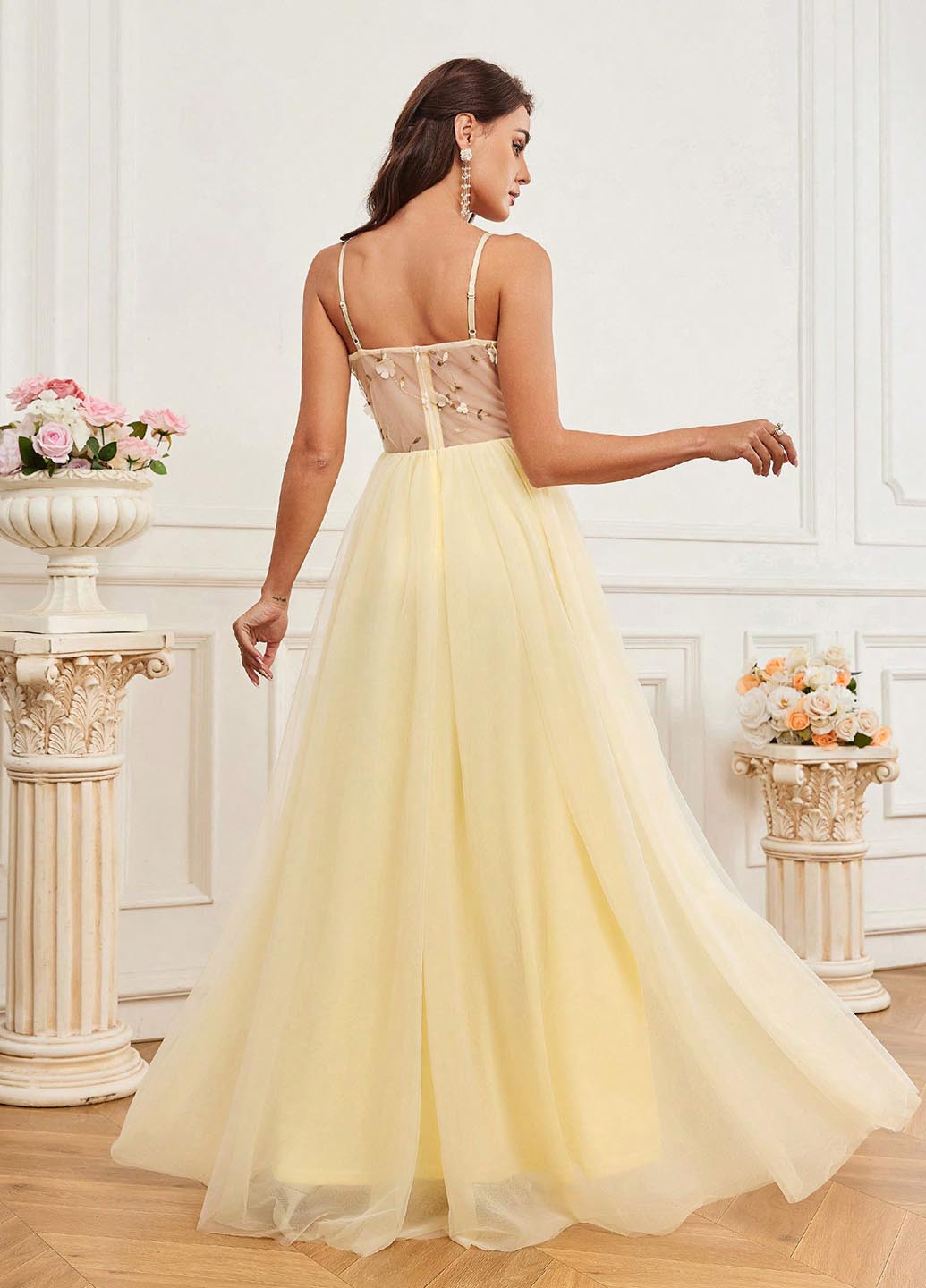 Светло-желтое праздничный, вечернее платье в стиле ампир SHEIN однотонное