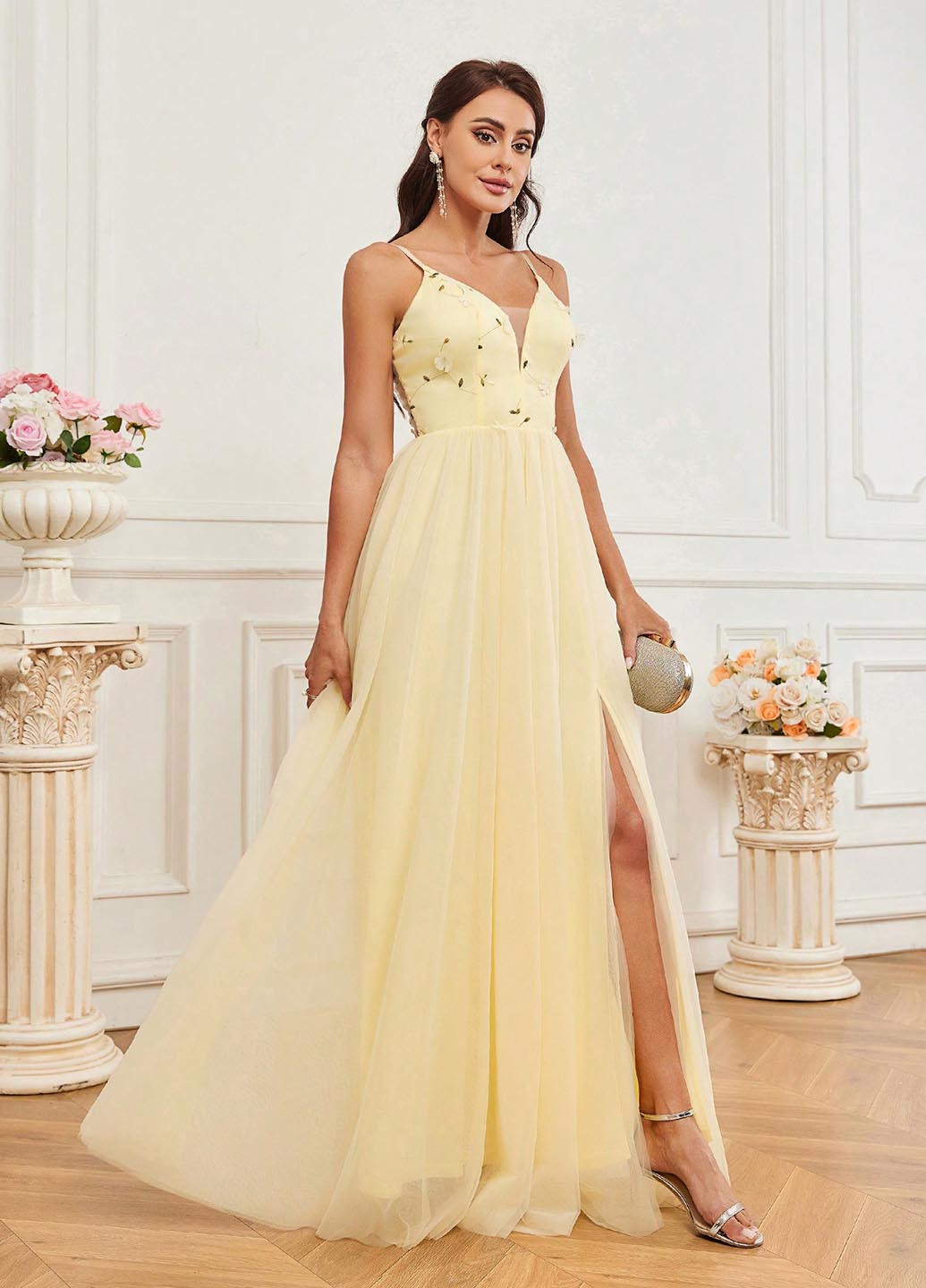 Светло-желтое праздничный, вечернее платье в стиле ампир SHEIN однотонное