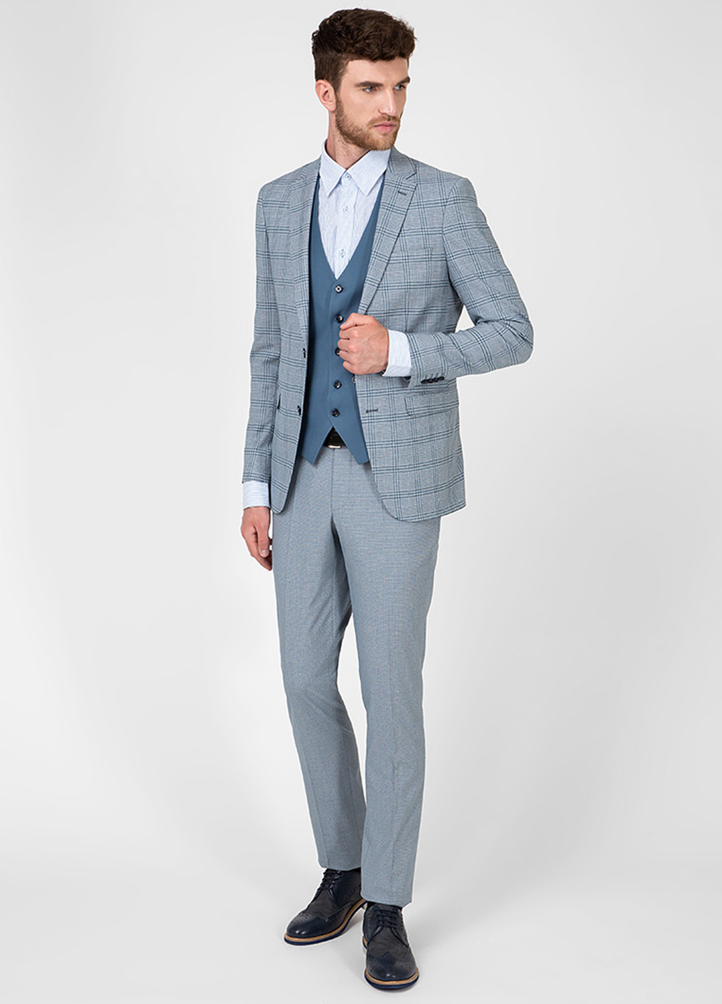 Сіро-голубий демісезонний костюм (піджак, жилет, штани) трійка NAVI