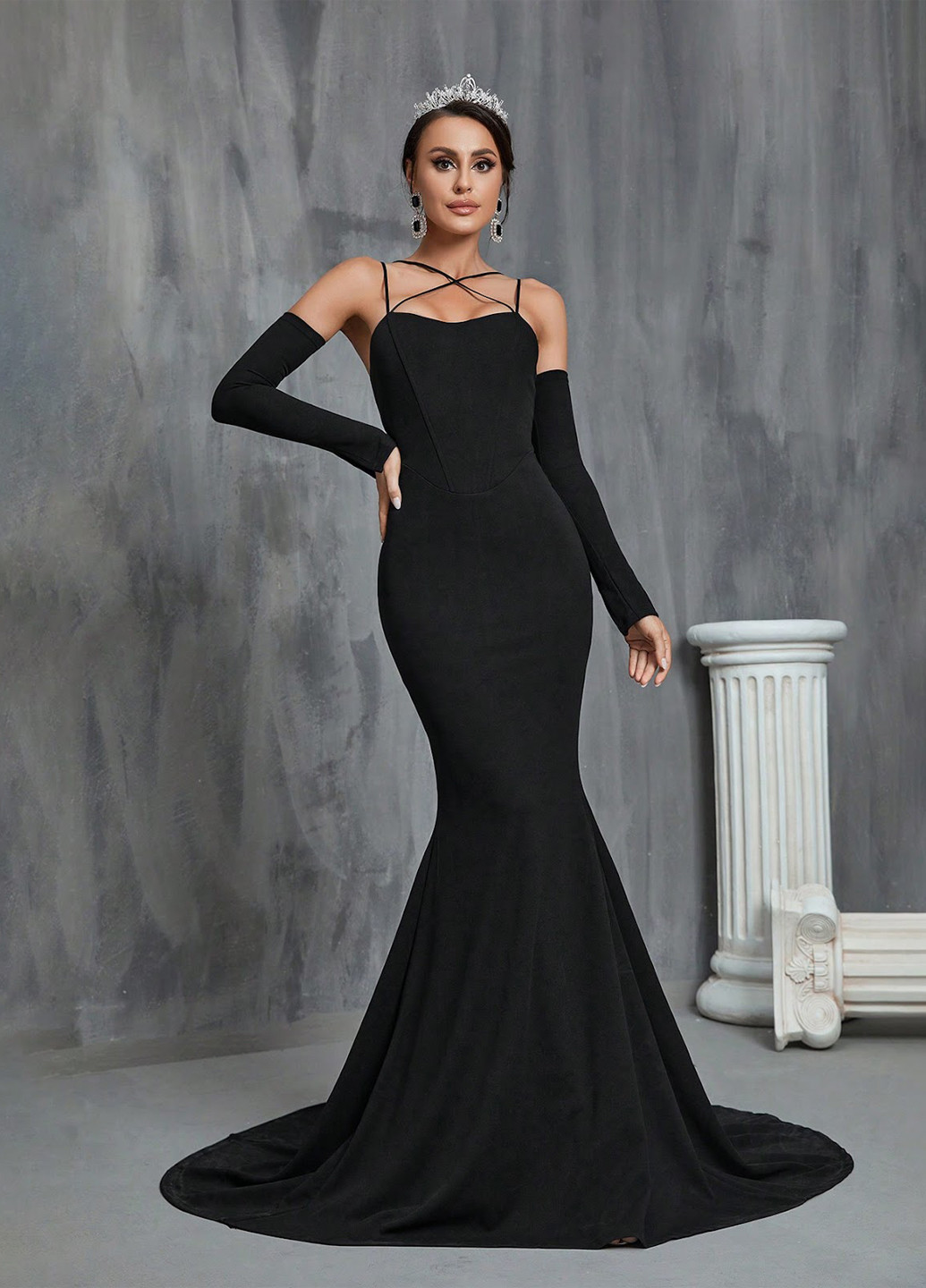 Черное вечернее, праздничный платье годе, с открытыми плечами SHEIN однотонное