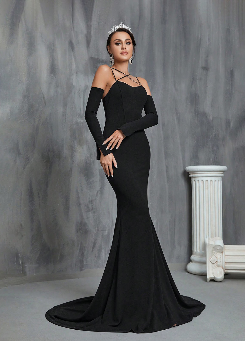 Черное вечернее, праздничный платье годе, с открытыми плечами SHEIN однотонное