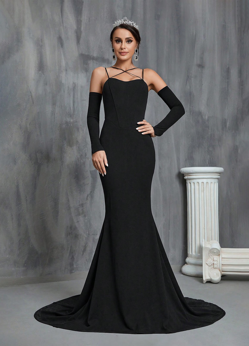 Черное вечернее, праздничный платье годе, с открытыми плечами SHEIN однотонное