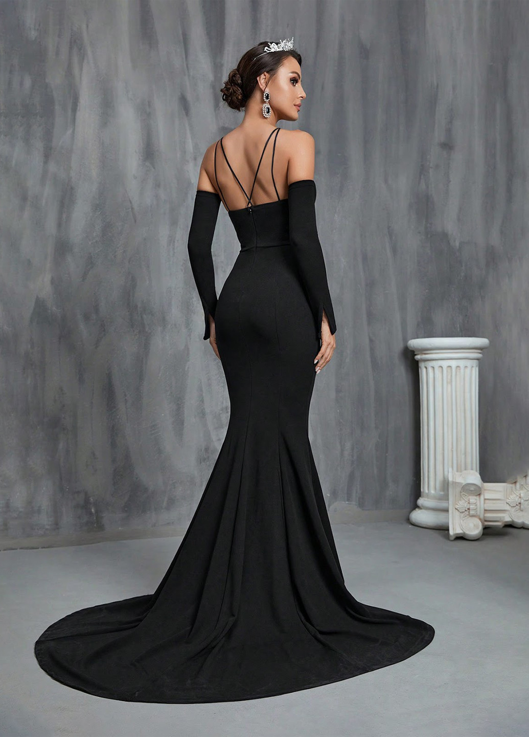 Черное вечернее, праздничный платье годе, с открытыми плечами SHEIN однотонное