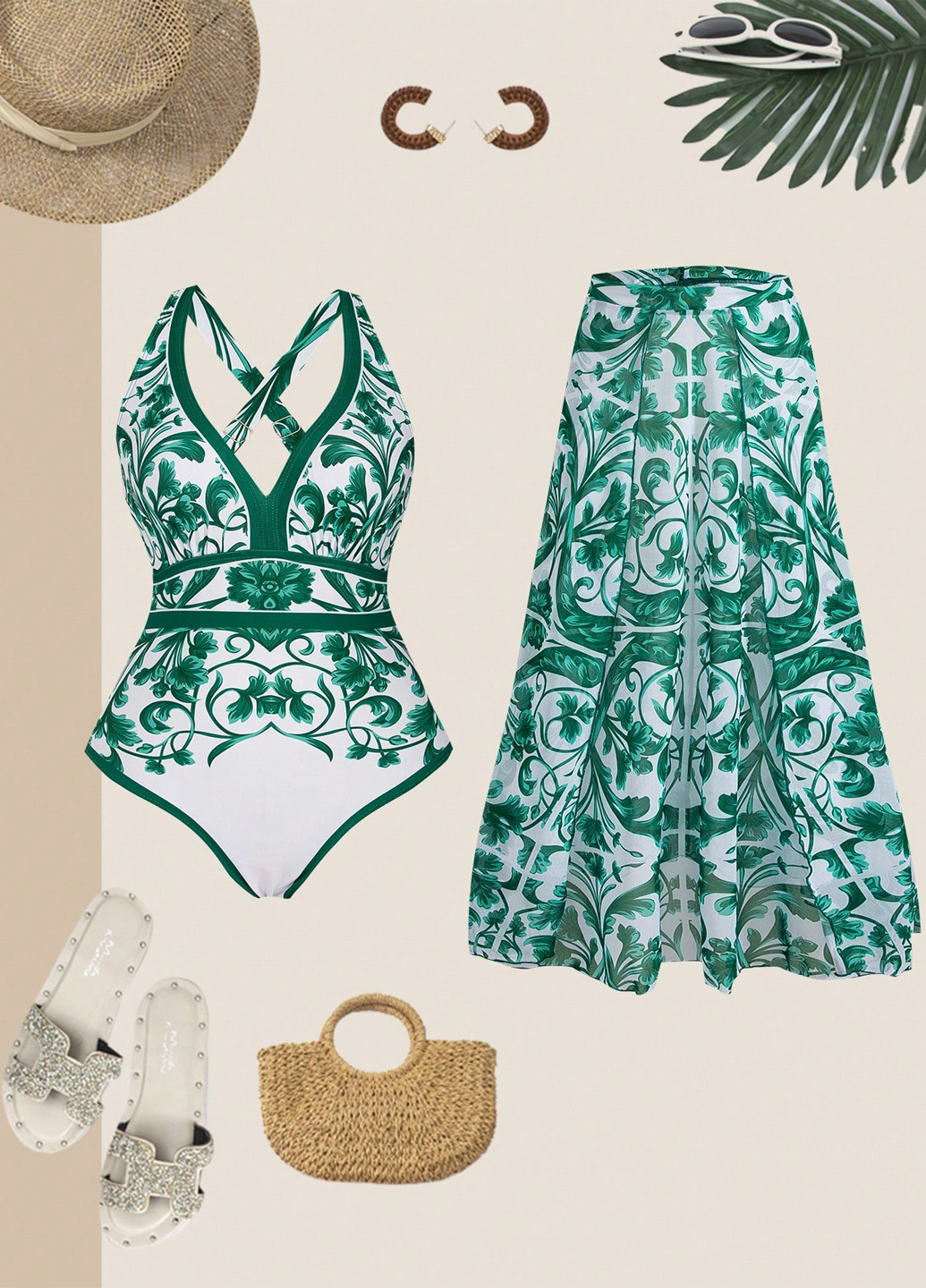 Смарагдовий літній комплект (купальник, спідниця) суцільний, майо SHEIN