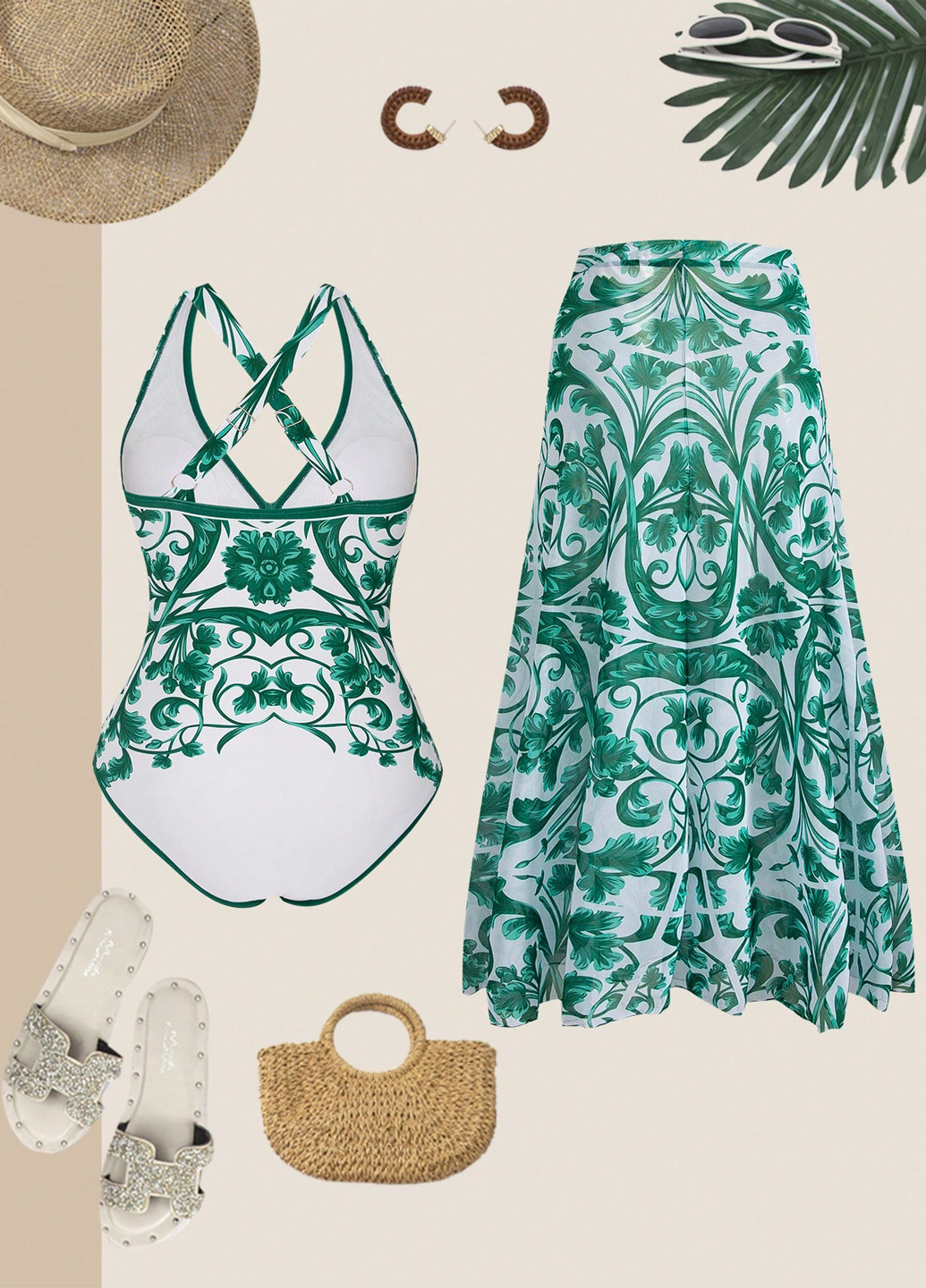 Смарагдовий літній комплект (купальник, спідниця) суцільний, майо SHEIN