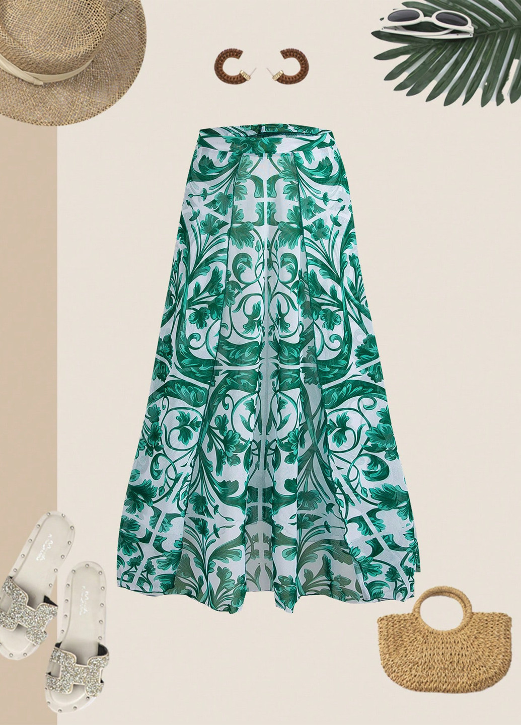 Смарагдовий літній комплект (купальник, спідниця) суцільний, майо SHEIN