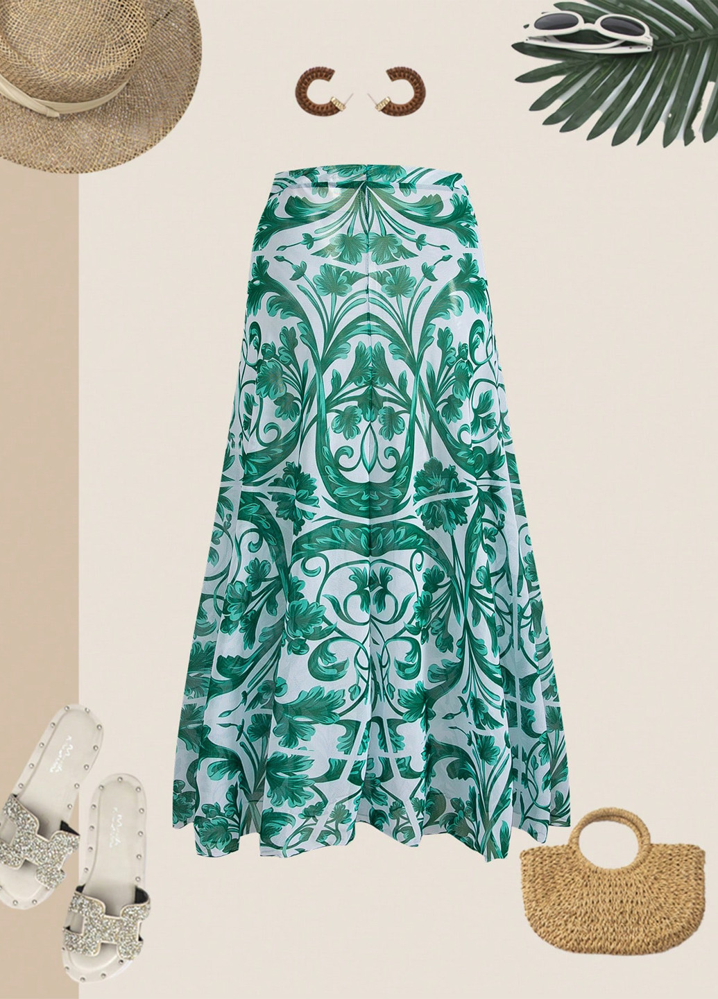 Смарагдовий літній комплект (купальник, спідниця) суцільний, майо SHEIN