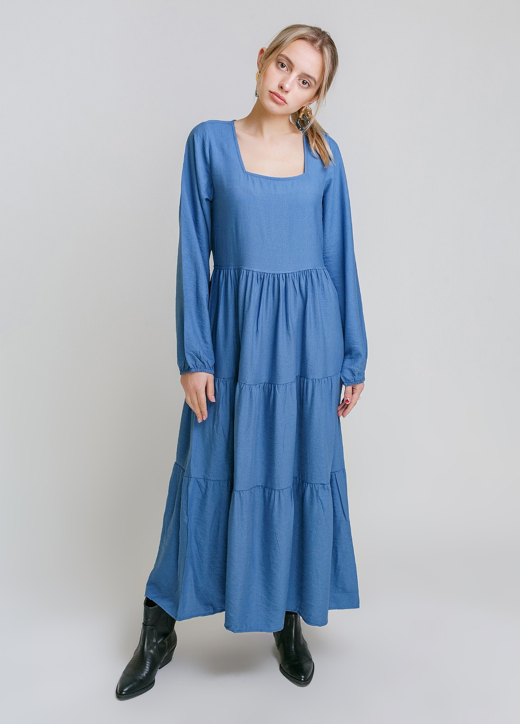 Синее кэжуал длинное платье с объемными рукавами Crep однотонное
