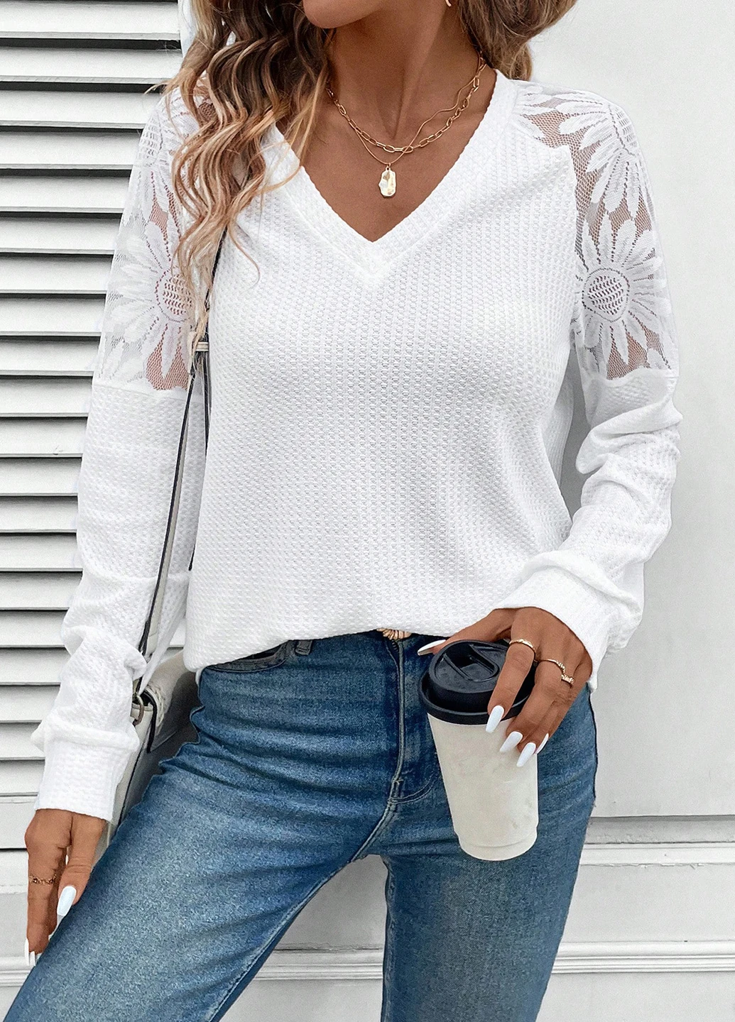 Білий світшот SHEIN однотонний мереживо (346790725)
