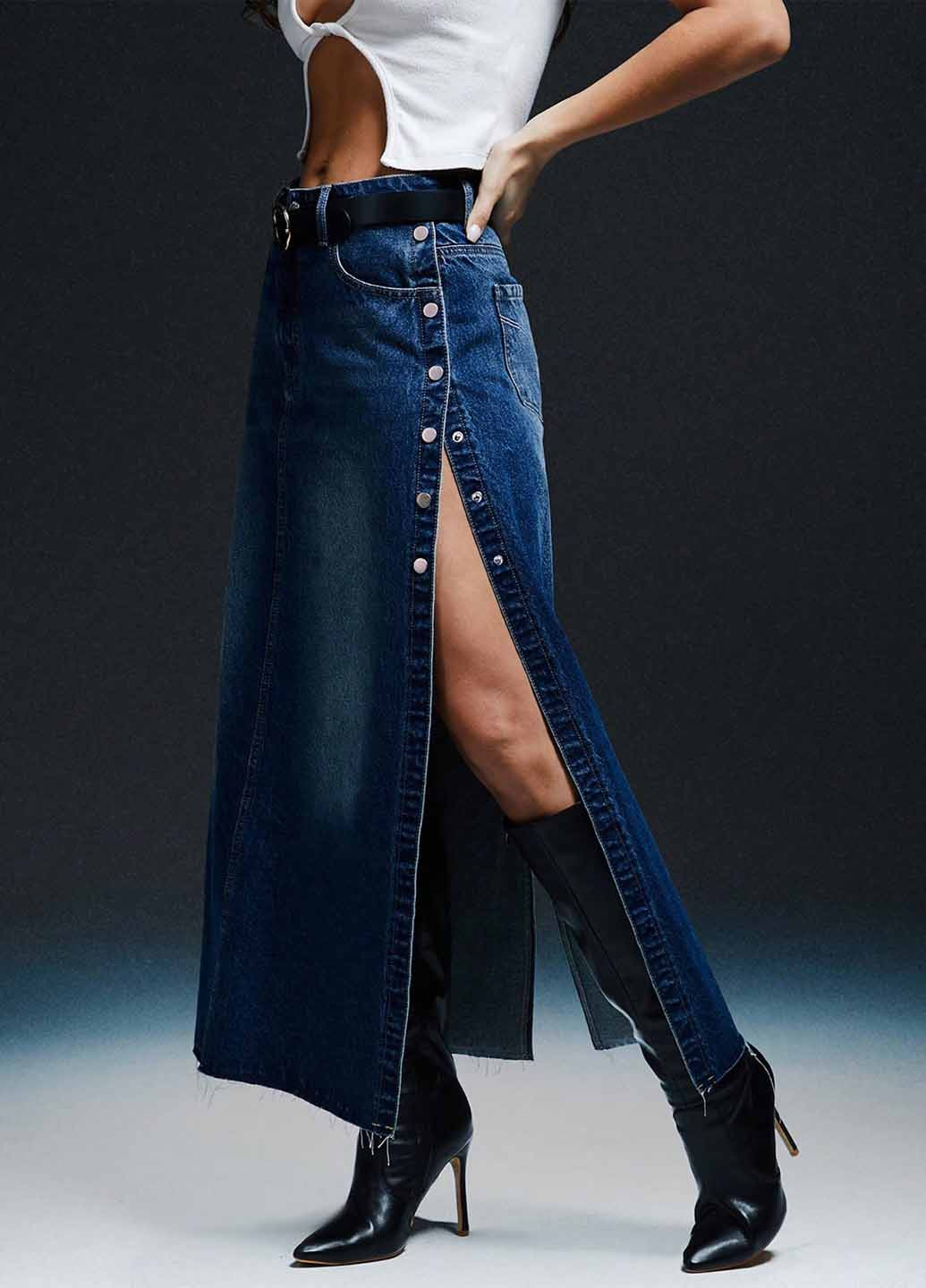 Синяя джинсовая однотонная юбка SHEIN а-силуэта (трапеция)